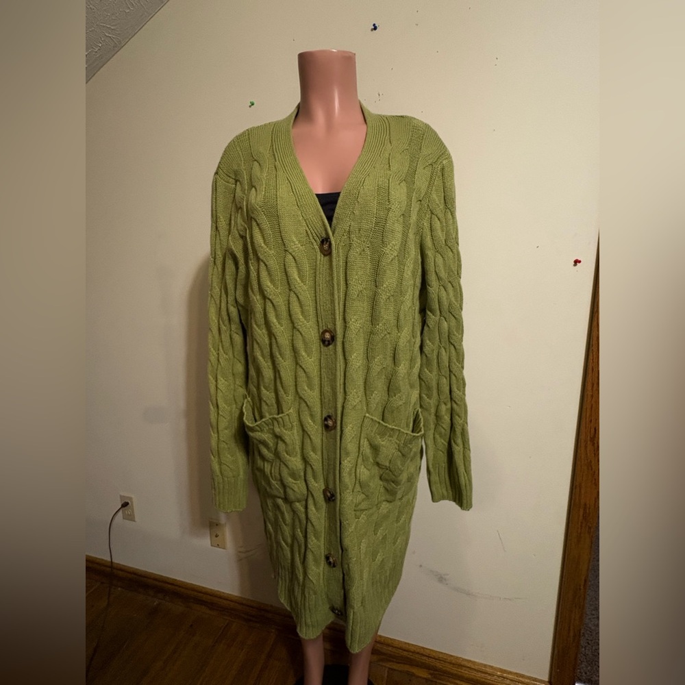 Women’s Long 2XL Kelly Green Cable Knit Button Front Cardigan W/pockets Fashion
